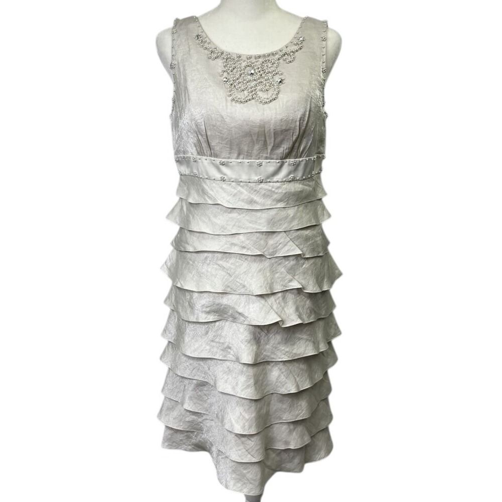 Adrianna Papell Ivory Tiered Pearl Beaded Dress Sz 14 Romantic Formal Sleeveless